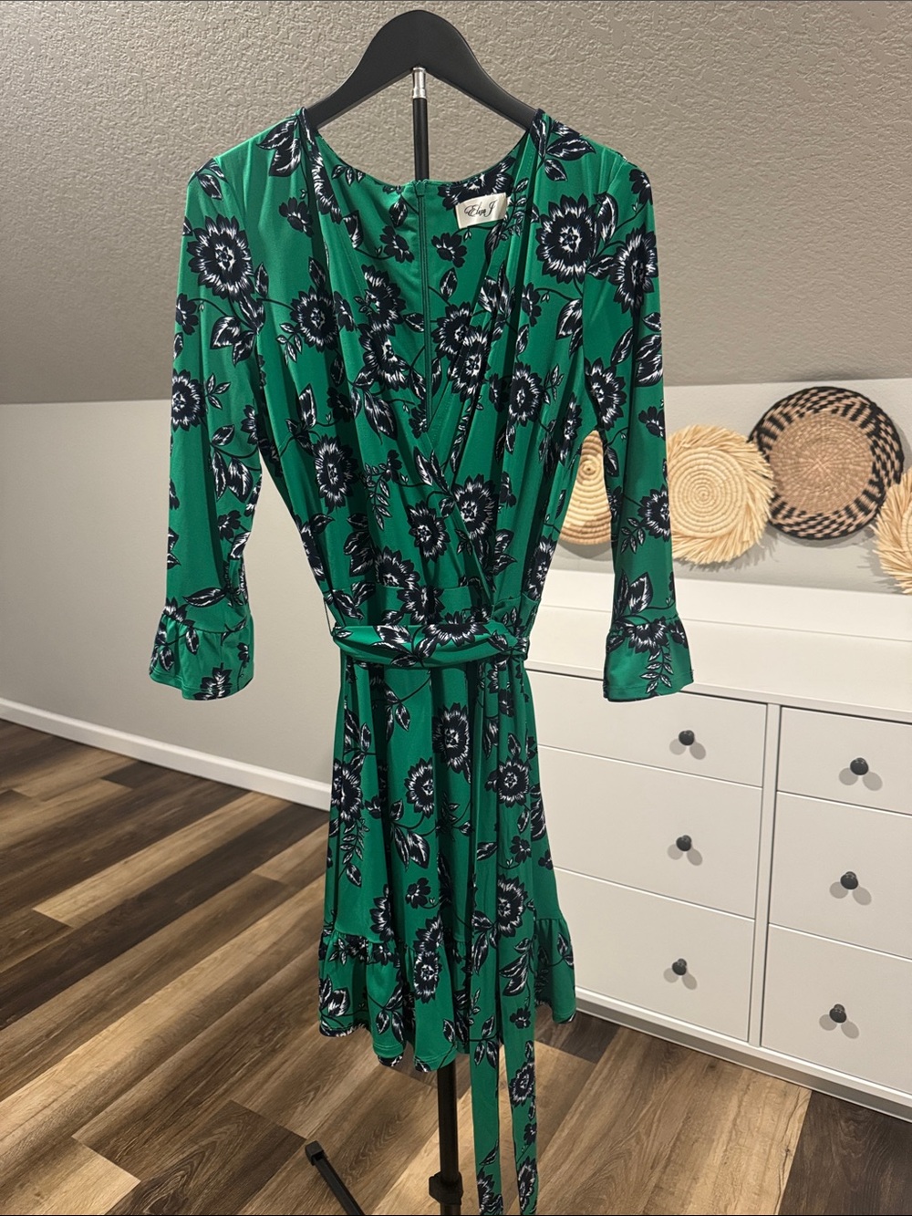 Eliza J Green Floral Faux-Wrap Dress with Tie Belt